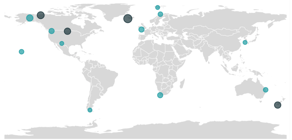 World map showing locations of Planet’s sixteen ground station network sites.
