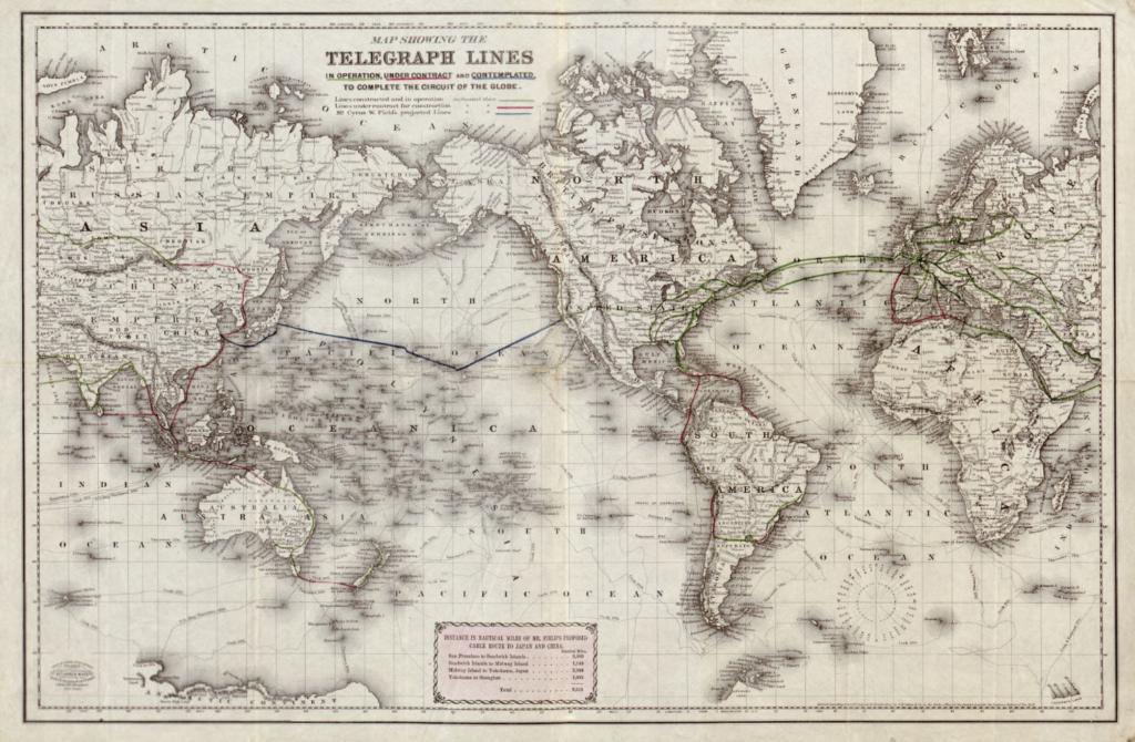 Historic map showing the telegraph lines in operation, under contract, and contemplated, to complete the circuit of the globe. Source: Library of Congress, Geography and Map Division.