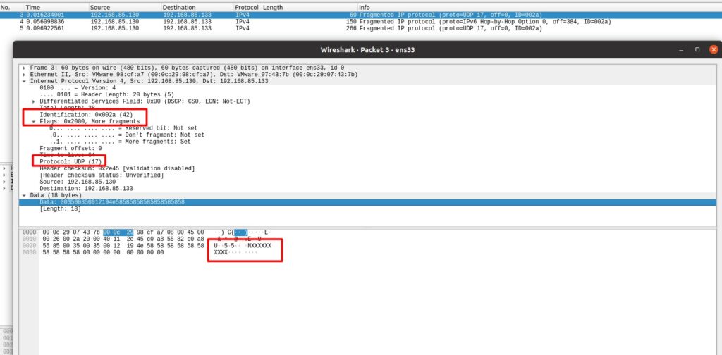 Screenshot of Wireshark analysis of UDP fragmentation attack.