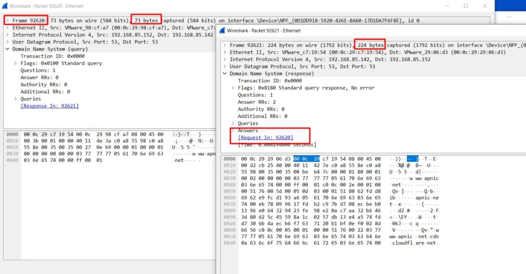 Screenshot of Wireshark analysis of a DNS amplification attack packet on a victim’s machine.