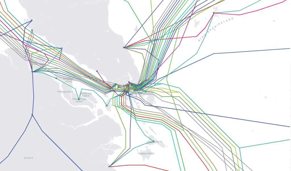 Map showing Singapore’s cable network in August 2022. Source: Telegeography’s Submarine Cable Map.
