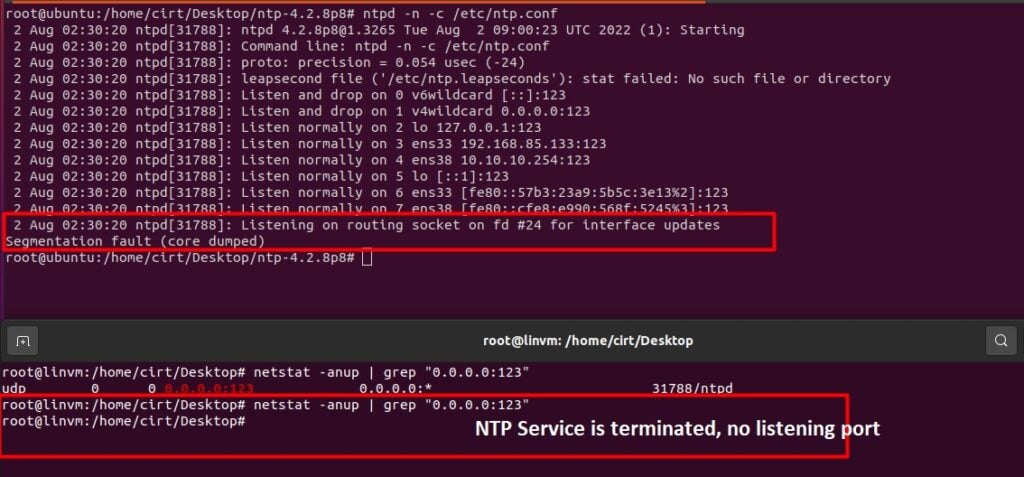 Terminal screenshot showing the NTP service is terminated.