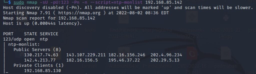 Screenshot showing detection of NTP monlist vulnerability using nmap.