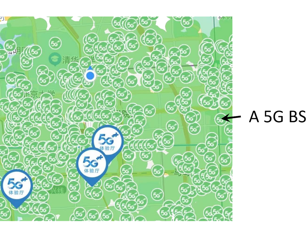 Map showing 5G BSes sites around Tsinghua University campus.