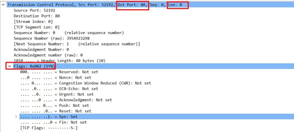 Terminal screenshot showing packet length as zero bytes.