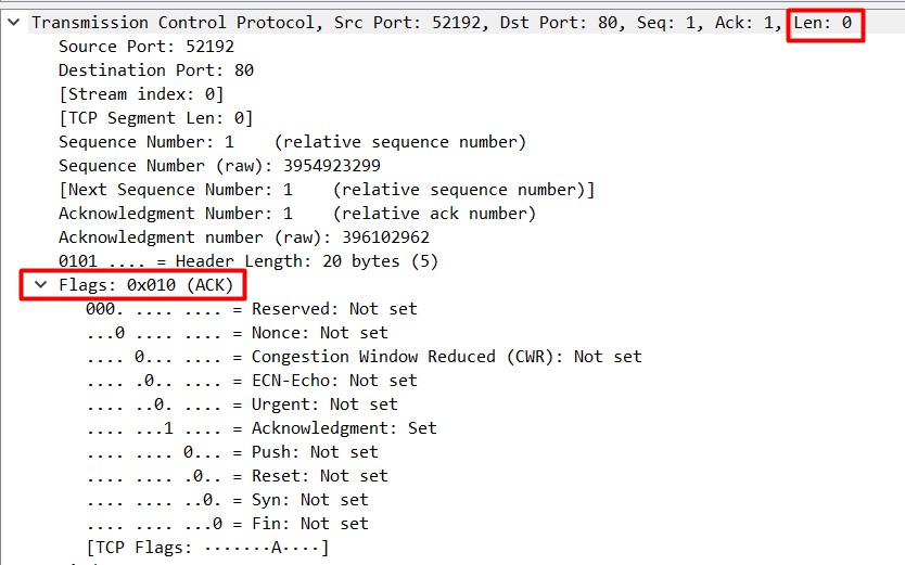 Terminal screenshot showing TCP three-way handshake ACK packet.