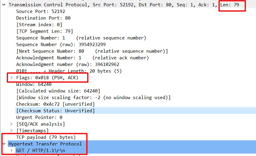 Terminal screenshot showing legitimate HTTP GET request after completing a TCP three-way handshake.