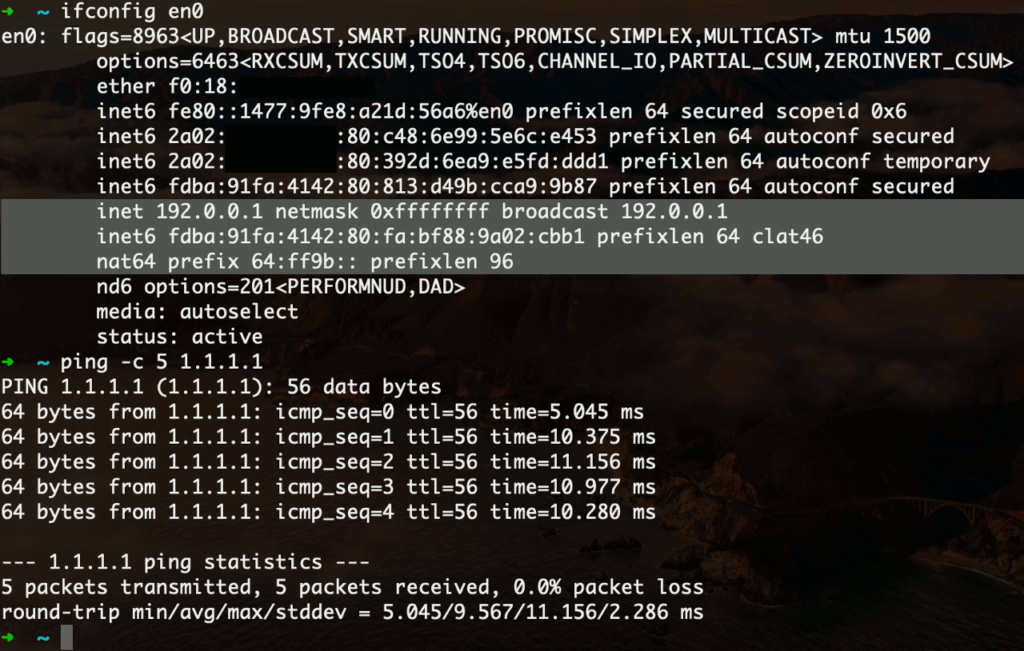 Code showing CLAT active on an IPv6-only network connection.