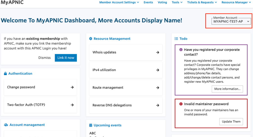 Screenshot showing the new MyAPNIC account switcher.