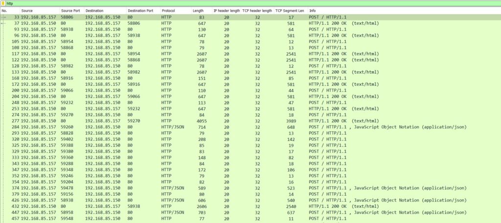 Wireshark screenshot showing an example of an HTTP POST flood attack