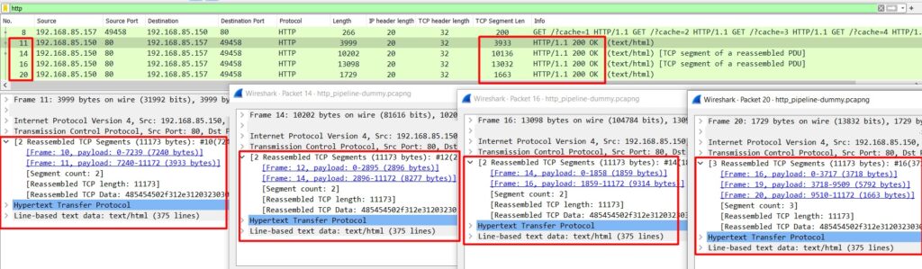 Wireshark screenshot showing an example of server response of HTTP pipelining request.