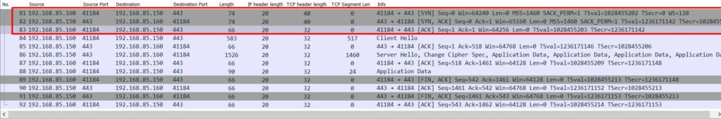 Wireshark screenshot showing an example of a TCP three-way handshake.