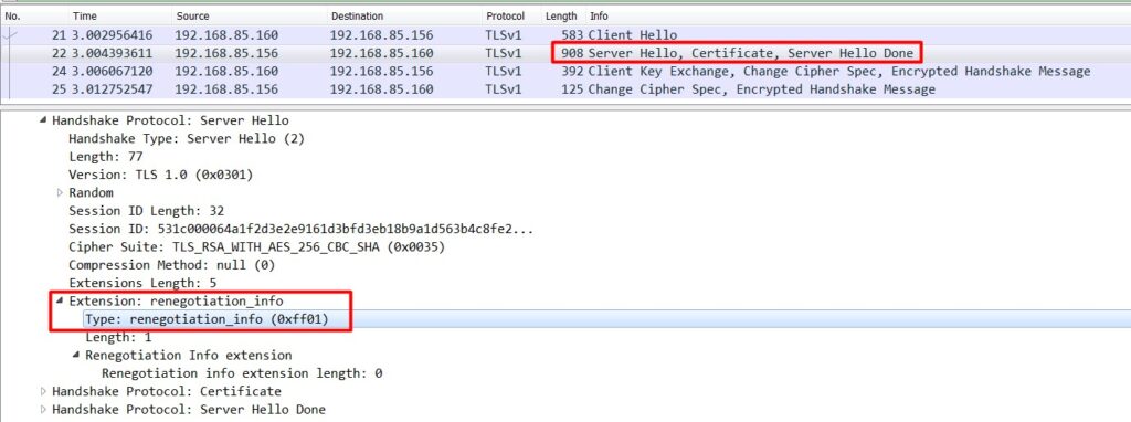 Wireshark screenshot showing a capture packet of a server system that supports SSL/TLS renegotiation.