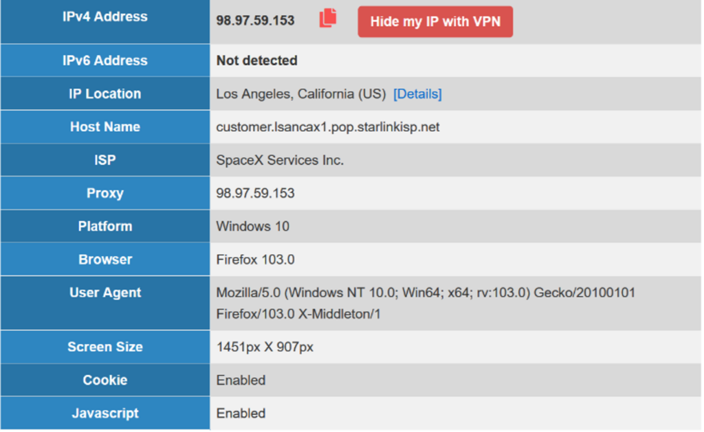 Screenshot of browser settings, showing IP location.