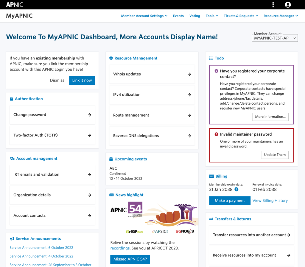 Screenshot showing the MyAPNIC dashboard showing the new design and widgets.