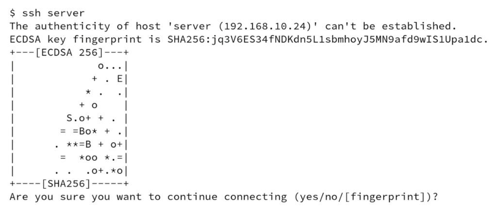 SSH asks the user to verify the authenticity of a server by comparing the host key fingerprint on the first connection.