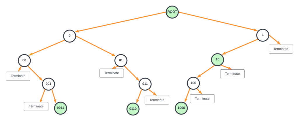 A binary tree where unused nodes are pruned, and the remaining nodes are compressed.