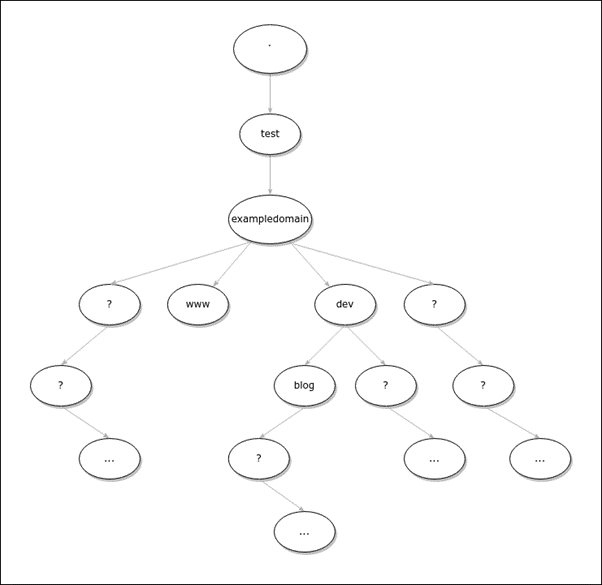 DNS hierarchy of exampledomain.test from a black-box perspective.