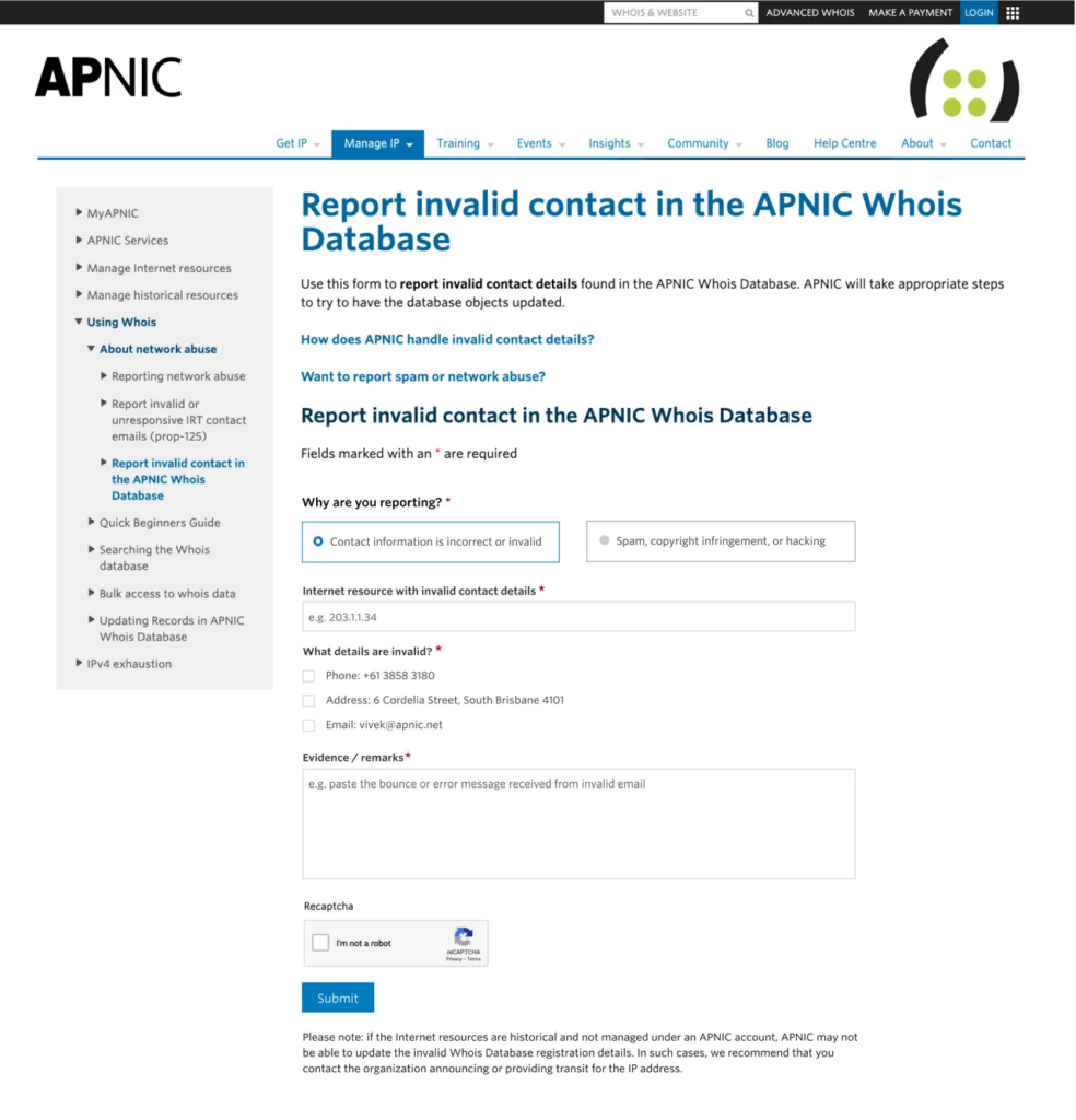 Screenshot showing additional features to report invalid APNIC whois data have been added to the submission form.