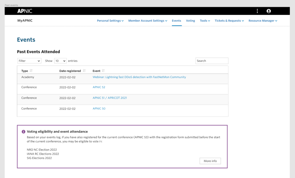 Screenshot of previously attended events in MyAPNIC.