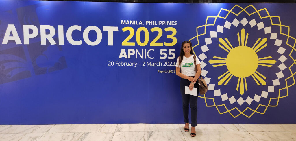 Photo of Lourdes Lay Araujo at the conference at APRICOT 2023 / APNIC 55.