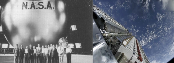 A composite image of NASA's "echo 1" satellite and a starlink launch