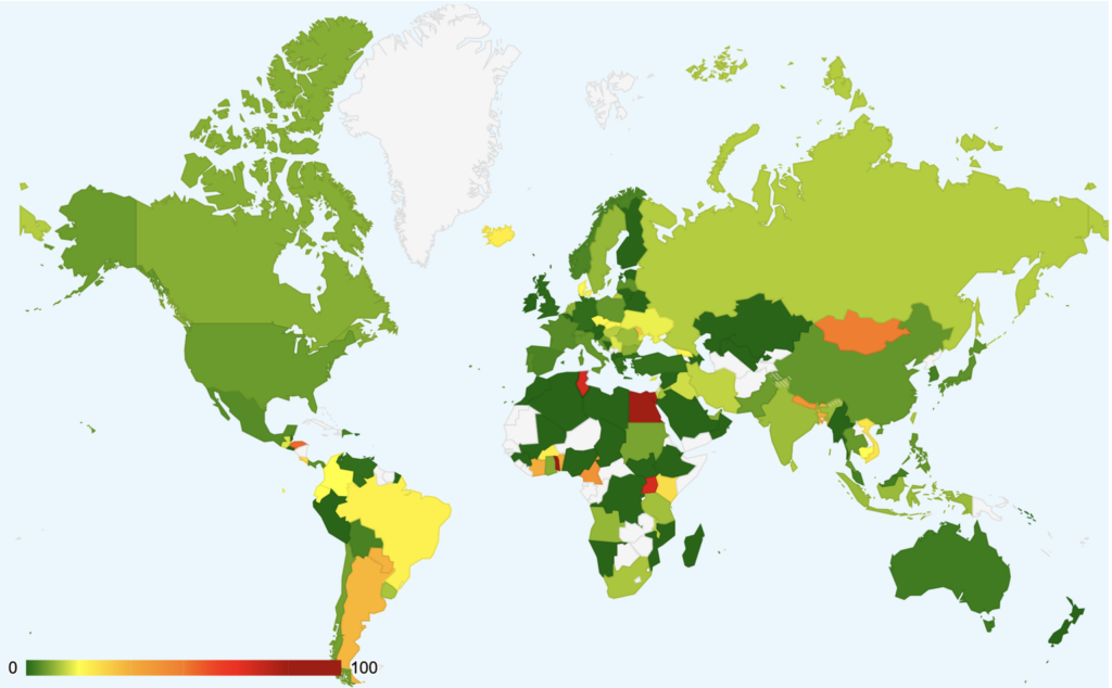 Map of the ratio of networks not deploying SAV to all those tested per economy.