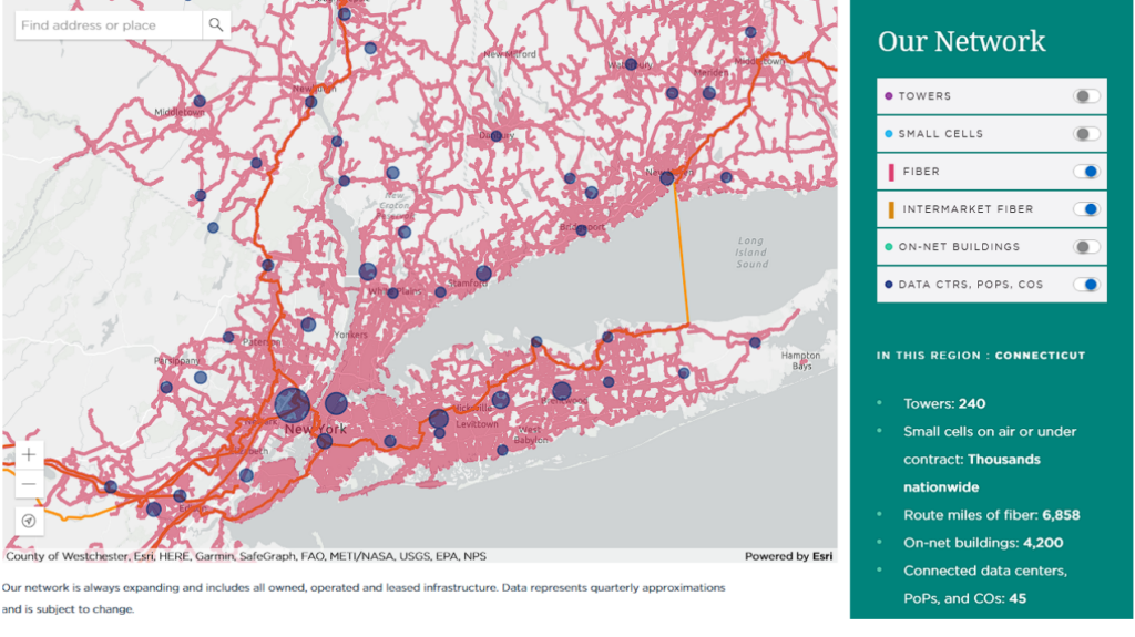 Figure 2 — Example fibre map and POP example of NY from crowncastle.com.