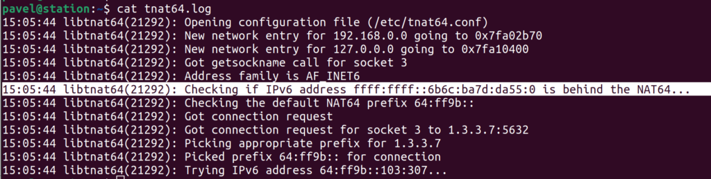 Figure 3 —  The TNAT64 log file.