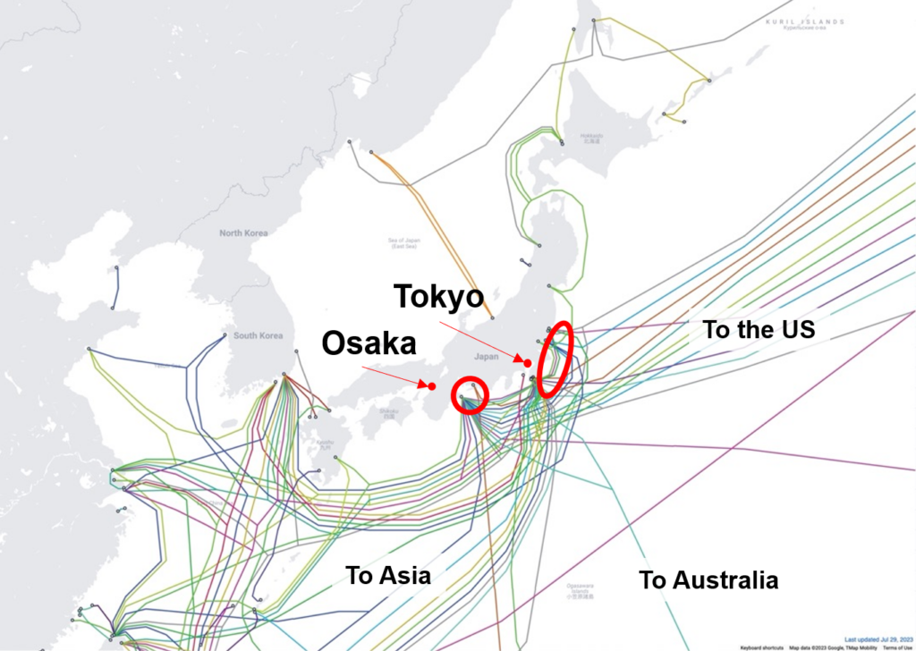 Figure 4 — Submarine cable systems and their landing areas in Japan. Source: Submarine Cable Maps.