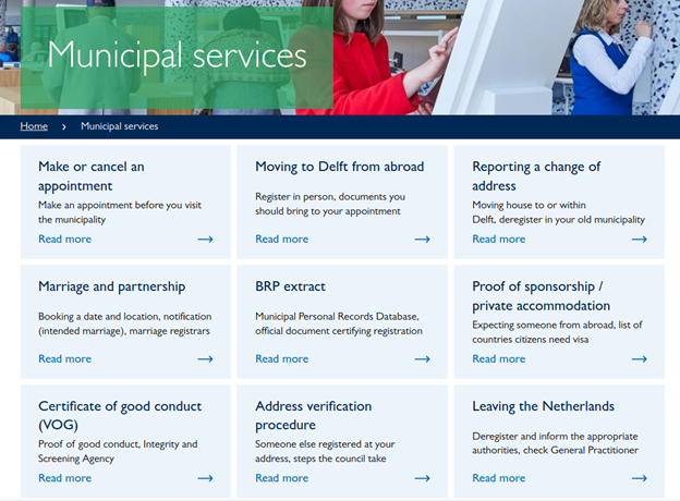 Screenshot showing some of the e-gov services provided by the Delft municipality in the Netherlands.