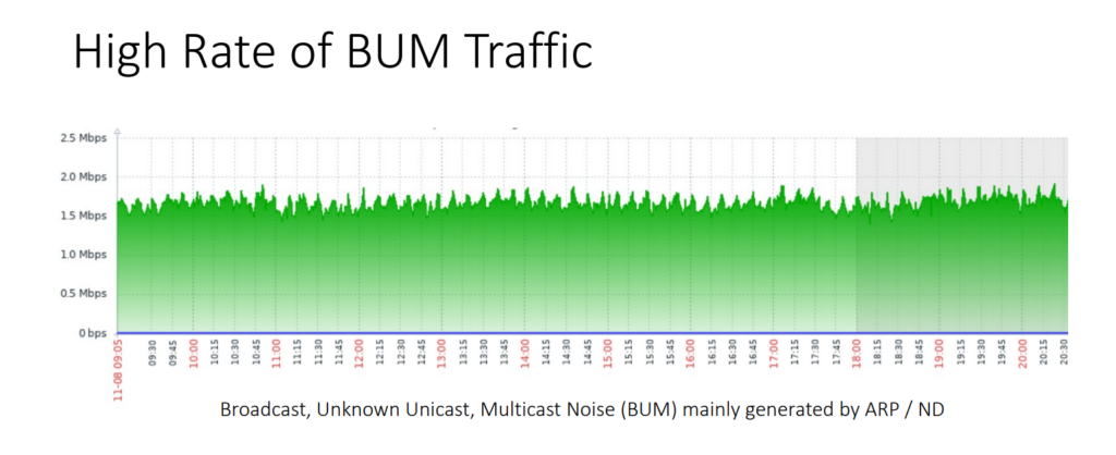 Typical high rate (2Mbps) of BUM traffic on DE-CIX’s largest Peering LANs.