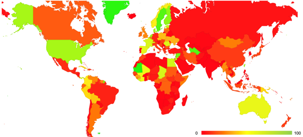 Figure 3 – Per-economy map of proportion of national users who are behind ROA-invalid filtering.