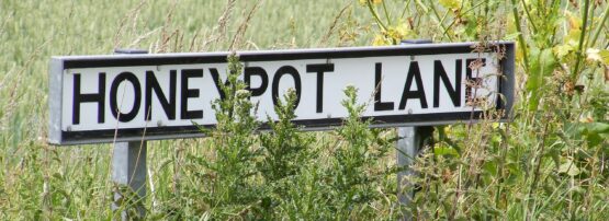Honeypot Lane road sign from Hoo, on the Suffolk Coast in the UK