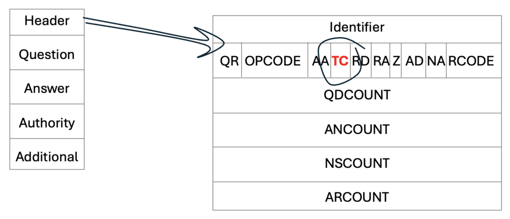 Figure 1 — DNS packet format and the truncation (TC) bit.
