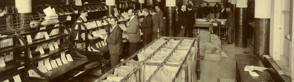 General Post Office mail sorting room, Wellington c.1900s.