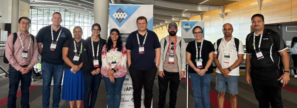 Phot of IETF Internet Standards Ambassadors (Vanessa is fourth from left) with Foundation Head of Programs and Partnerships Sylvia Cadena.