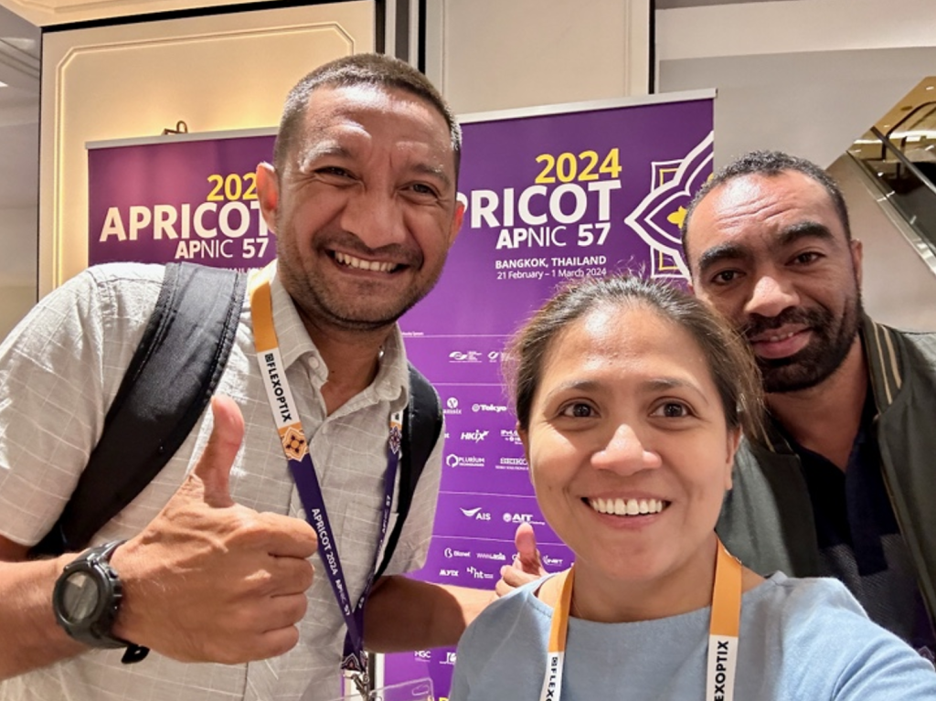 Picture of Jemris Yeros (Timor Telecom), Shane Hermoso (APNIC) and Jose Diaz (Timor Telecom) during the APRICOT 2024 Workshop Week.