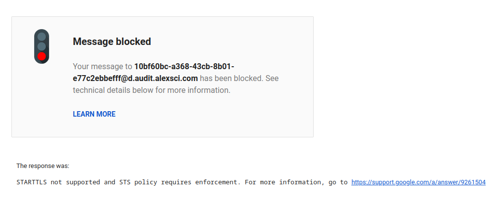Figure 7 — Message delivery failed due to MTA-STS (Google).
