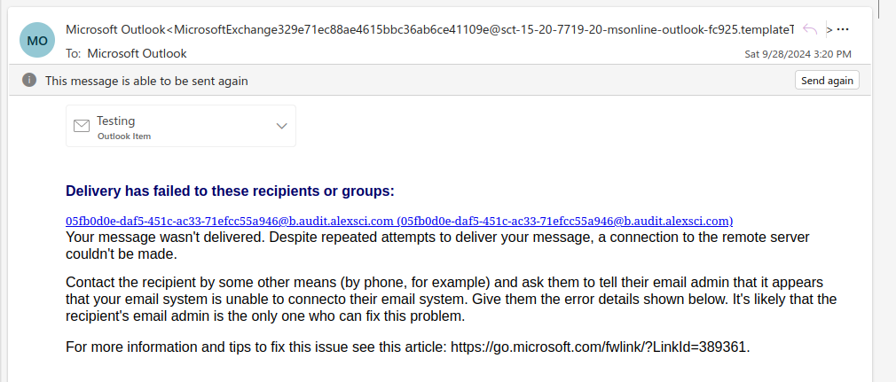 Figure 9 — Message delivery failed to MTA-STS (Outlook).