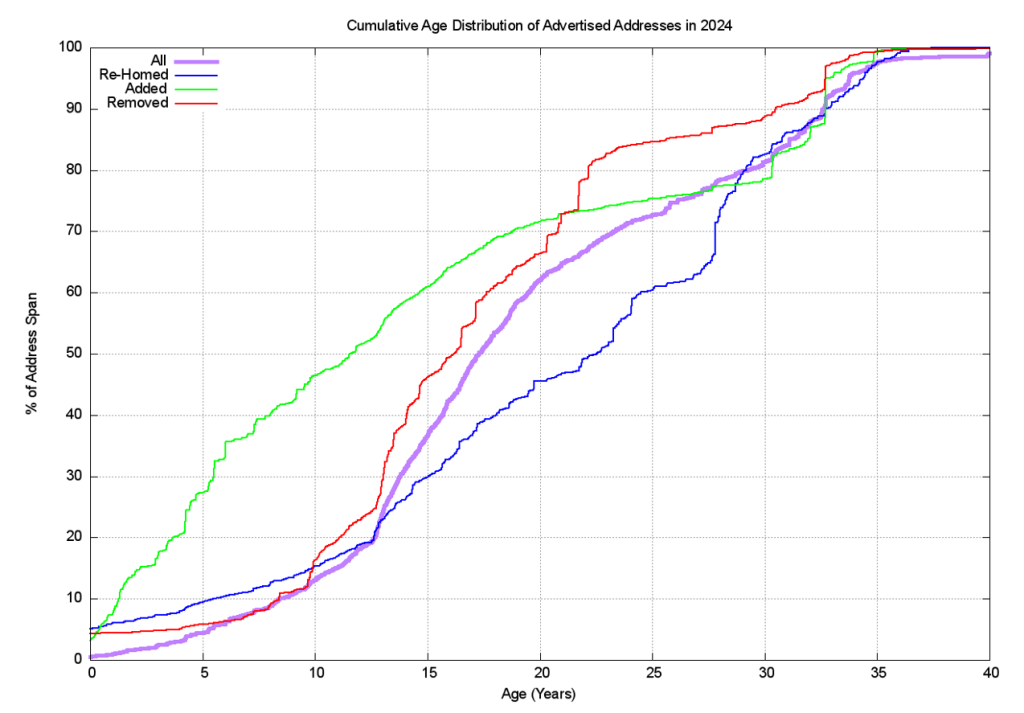 Figure 13 — Changes to the BGP routing table across 2024 by address prefix age.