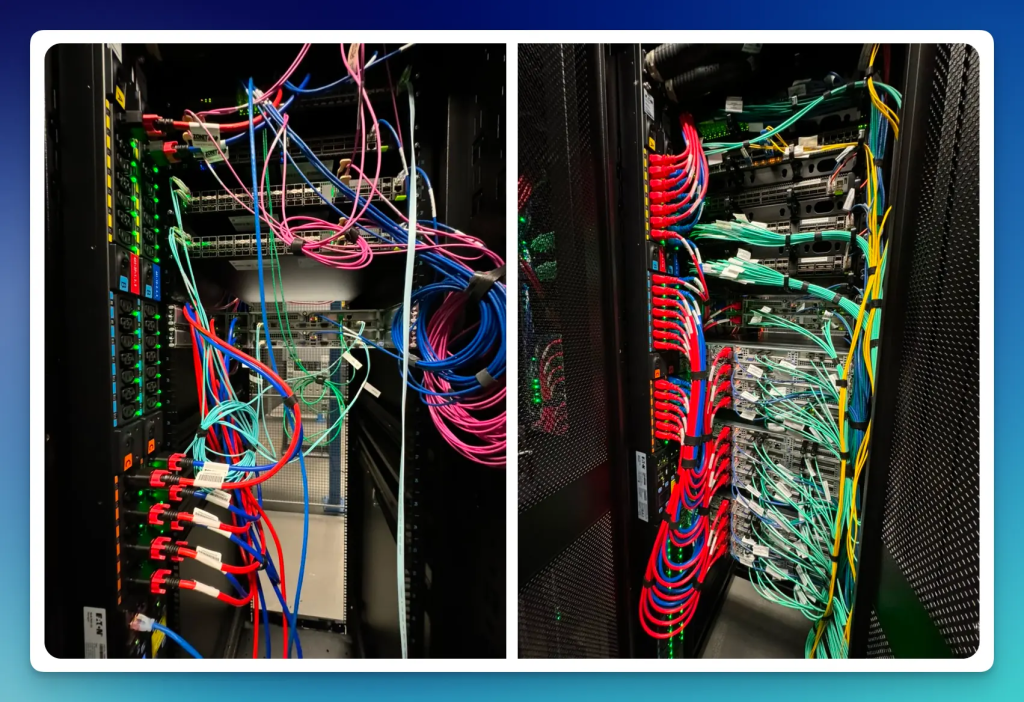 Figure 7 — Our DIY attempts at cabling to get the first server online vs what our installation partner put together.