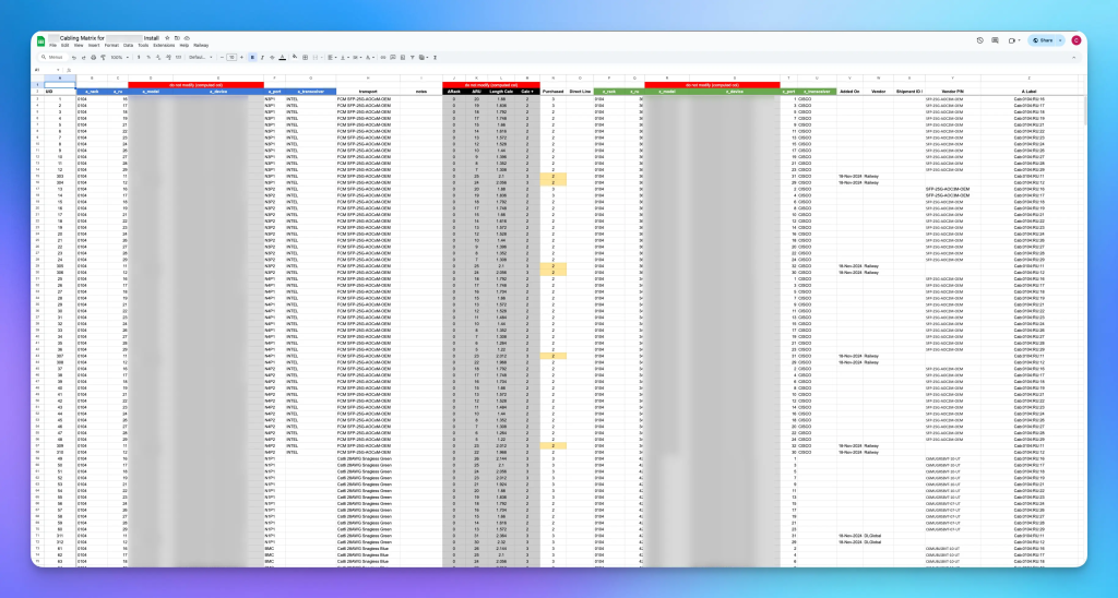 Figure 8 — The cabling matrix for our first install — 300+ cables all manually entered and cross-checked.