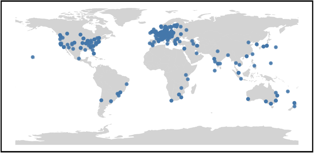 Figure 1 — Locations of our 675 vantage points.