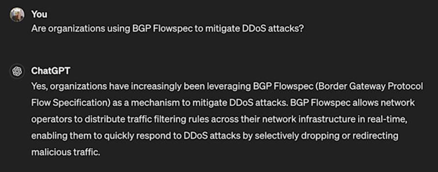 Figure 2 — What ChatGPT know about BGP Flowspec adoption rates.