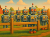 a 3D cartoon image of a farm paddock with a wooden fence, inside of which is a "herd" of classic 1950s wind up toy robots with glowing red eyes and antenna on their heads.
