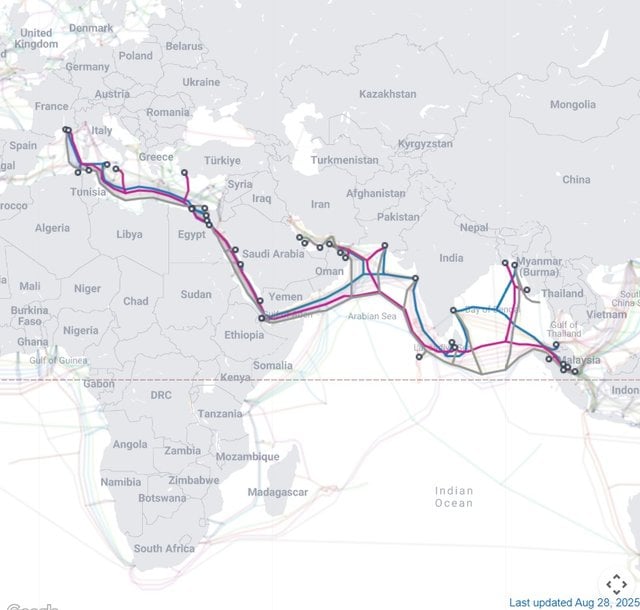 Figure 1 — Bangladesh's submarine cable infrastructure network, illustrating Bangladesh's strategic position in regional connectivity through multiple undersea cable systems, including SEA-ME-WE-4, SEA-ME-WE-5, and planned future connections.