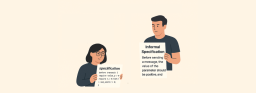 A man and a woman, holding paper with writing that illustrates the difference between formal and informal specifications.