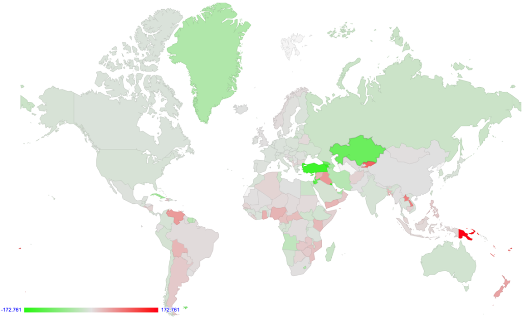 Figure 3 — Per-economy map of RTT variance between IPv4 and IPv6. 