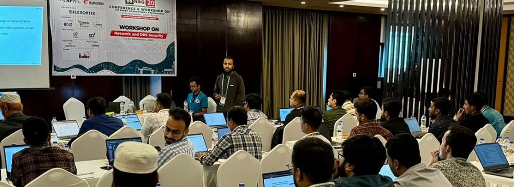 Network and DNS Security (Train-the-Trainer) workshop led by Md. Abdul Awal, Suman Kumar Saha, and Shaila Sharmin during bdNOG 20 in Dhaka. Photo via bdNOG.